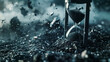 Abstract concept of time running out, with an hourglass filled with dark, polluted sand marking the urgency of action,