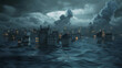 Animation showing the gradual envelopment of a bright, bustling coastal city by rising dark waters,