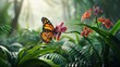 tropical paradise with a majestic monarch butterfly perched on a vibrant orchid, nestled amidst lush ferns and tall grasses in a rainforest setting 