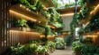 Architectural vertical ecological agriculture centre, wood walls, pendant plants. Generative AI.