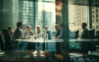 © melhak - Team Meeting Behind Glass Partition in Corporate Office - business discussion Blurry Out-of-Focus teamwork, privacy in the workplace.