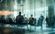 © melhak - Team Meeting Behind Glass Partition in Corporate Office - business discussion Blurry Out-of-Focus teamwork, privacy in the workplace.