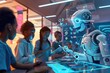 friendly AI tutor, teacher robot with a digital interface displaying educational material. classroom with schoolchildren. education, future, future technologies, robotics, artificial intelligence