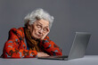 Senior Woman Grey Sleeping Tired Laptop Exhausted Elderly Work Burnout 