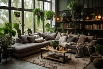 Wall Mural - Nature lover house concept. Moder living room design with green plants.