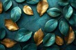 Metallic gold and green leaves textured background