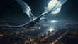 An image of a sleek silver dragon gliding silently through a city at night. Moonlight filters through the dragon's translucent wings, casting intricate shadows on the buildings below.