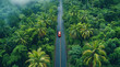 Car driving on the road in a green forest, aerial view of the car and highway through a tropical jungle with dense trees on a summer daytime. Generative AI.