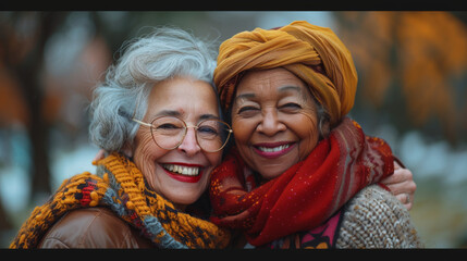 Wall Mural - Happy multiracial senior women having fun together outdoor - Elderly generation people hugging each other at park.