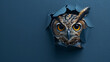 A bright-eyed owl peeking through a hole in a deep blue paper wall providing an ideal space for text