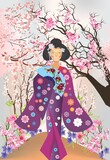 Fototapeta Paryż - spring composition with a Japanese girl who is dressed in a traditional Japanese costume