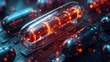 Futuristic biotech pills with glowing circuits, concept illustration for modern medicine
