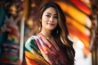 Young woman in Thai dress Wear a brightly colored blanket. exquisite pattern On the background of a beautiful Thai temple 