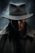© kvdkz - Retro male detective in a cloak and hat on a dark street in the fog