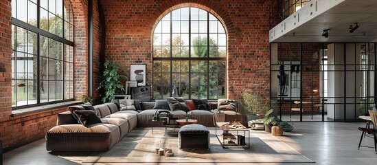 Wall Mural - Loft style living room decor with brick walls, interior design with large sofa and panoramic windows --ar 16:7 Job ID: 9276f1f7-b5c8-49bc-8713-b9e01f3c46e5