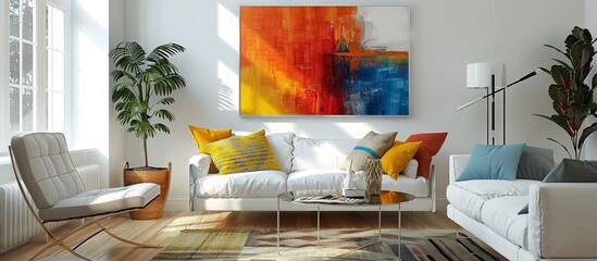 Wall Mural - The interior design features a bright art deco style living room with a bright colorful abstract painting on the wall. 