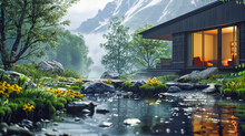 Tranquil Mountain Landscape, Serene Nature Scene With Lake Reflection, Peaceful Outdoor Adventure And Scenery