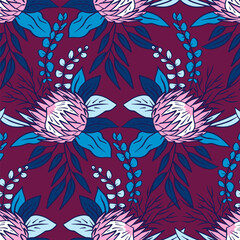 Wall Mural - Seamless pattern with colorful protea flowers on purple background. Tropical floral wallpaper.