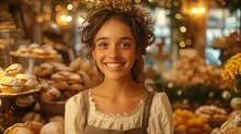 Smiling Young Girl With Floral Crown In Bakery