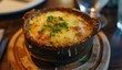 Delectable melted cheese on classic French onion soup at cozy restaurant