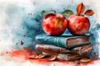 Artistic Watercolor Composition with Crisp Apples on a Stack of Books Representing Knowledge and the Fruits of Education
