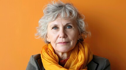 Wall Mural - A woman with a gray coat and a yellow scarf is standing in front of a wall