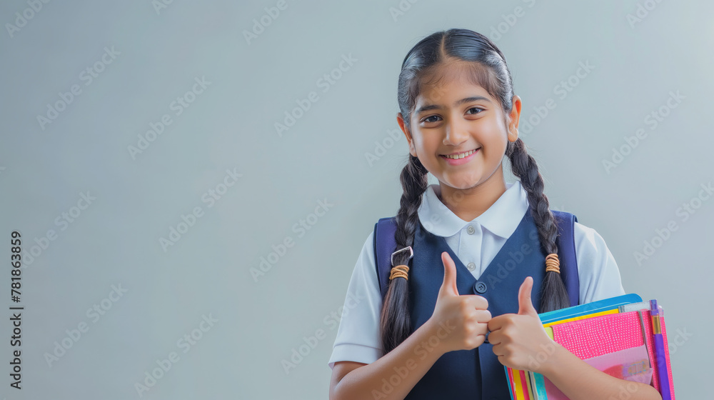 A cheerful Indian schoolgirl in uniform giving thumbs up, holding books ...
