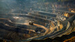 the intense and rugged environment of an open-cast mining site at dawn. open pit illuminated by the first light of the morning