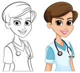 Fototapeta Dinusie - Color and outline of a smiling nurse character