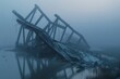 Collapsed bridge, foggy dawn, side perspective, isolation, catastrophic event