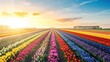 flower field landscape with rows of colorful tulips, daffodils, and hyacinths stretching to the horizon, bathed in the golden light of sunrise 