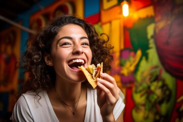 A girl balancing a Poke Taco on their nose, showcasing their lighthearted approach to enjoying food, against a colorful and whimsical background,