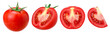 Fresh red tomatoes, half and piece tomato isolated, transparent PNG, PNG format, juicy