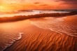 A breathtaking sunset scene at the edge of the sea, the sands bathed in warm hues as the waves gently lap the shore, all captured with stunning precision in