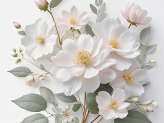 Wall Mural - 3d wild  flowers,  leaves, nature,  soft colors, freshness,  pastel tones  on white background  