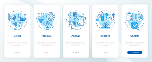 Wall Mural - Six sigma processing stages blue onboarding mobile app screen. Walkthrough 5 steps editable graphic instructions with linear concepts. UI, UX, GUI template. Montserrat SemiBold, Regular fonts used