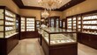 © Anastasiia - An elegant jewelry store with wooden display cases showcasing exquisite pieces, under the warm glow of a chandelier.. AI Generation