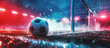 A football on a stadium in rainy day with f ball and net. Banner of soccer game. Sport concept.