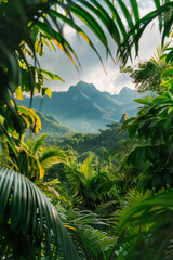 Vibrant jungle surrounded by towering trees and lush foliage on a rainy day. Concept of the depth of the greenery, and the refreshing essence of a rainy day in wilderness 