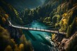 A dynamic shot of a suspension bridge gracefully crossing a flowing river, the engineering marvel and scenic surroundings presented in stunning