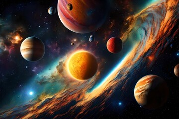  A captivating view of a solar system with diverse planets, each celestial body rendered in vibrant hues and textures, the HD camera capturing the cosmic beauty in