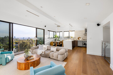 Wall Mural - Modern Hollywood Hills home living room in Los Angeles, California, with a remodel of an older house