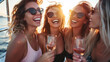 photo of four beautiful smiling women in sunglasses, on yacht boat with wine glasses