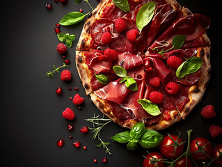 Canvas Print - A pizza with red meat and raspberries on top