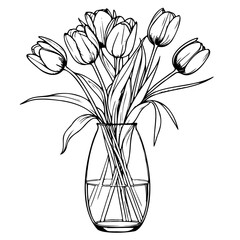 Wall Mural - vase tulips is drawn in black and white. flowers are arranged in tall vase, with stems sticking out of glass. The vase is placed on a white background