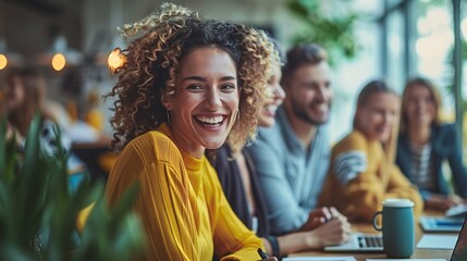 Smiling Young Woman with Curly Hair in a Group Meeting at Modern Office