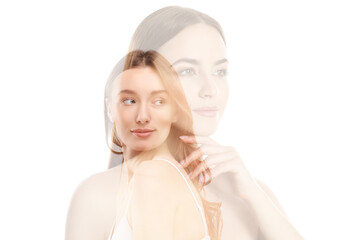 Wall Mural - Double exposure of beautiful women on white background