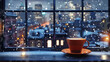 3D vector spicy chai latte, snowy cityscape view from a cafe window,