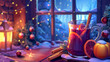 Mulled wine in 3D vector, cozy winter cabin night scene background,