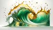 Hintergründe und Vorlage Welle Spritzer Platsch in grün gold, flüssiges Metall Frische in hellen Tönen mit Spritzern und Tropfen in dynamisch geschwungenen Linien und voller Lebendigkeit und Energie